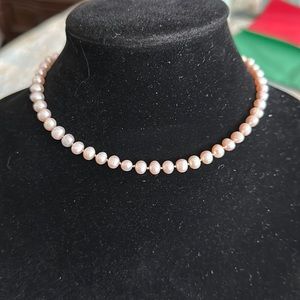 Fresh water hand knotted vintage pearl necklace pink tones sterling silver 15”
